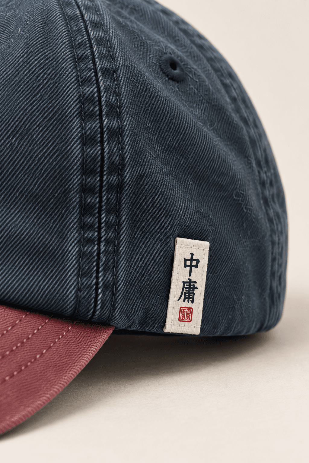 Concept close-up of the tiny woven 中庸 exterior label and washed cotton