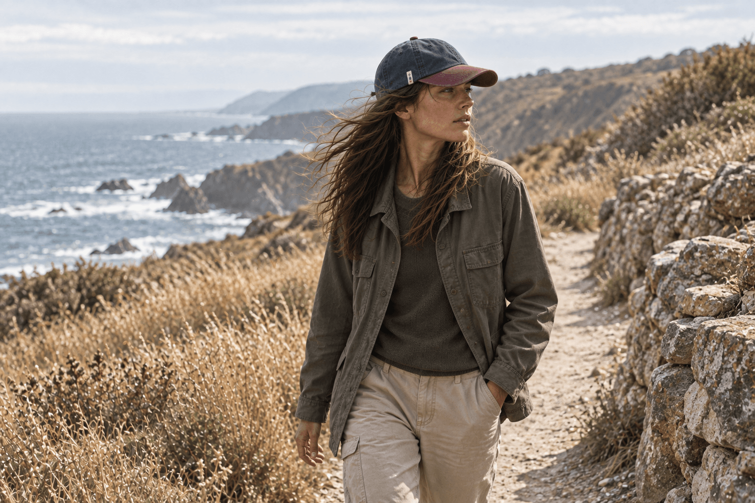 AI-generated model wearing the Zhong Yong concept cap while walking a coastal path