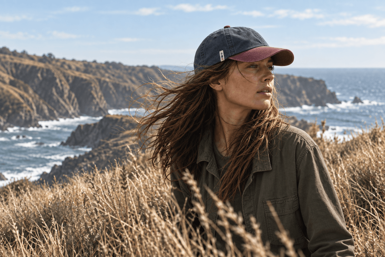 AI-generated woman wearing the blue-gray and muted rose Zhong Yong concept cap beside the coast